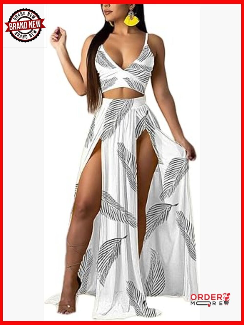 Women Sexy 2 Piece Chiffon Deep V Neck Crop Top High Split Maxi Skirt Set